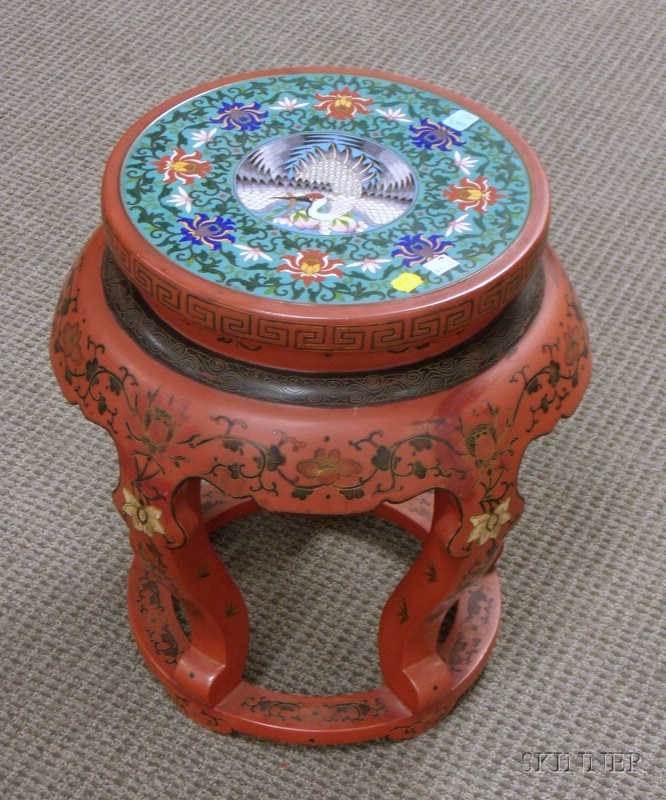 Appraisal: Chinese Red Lacquered Stand with Circular Cloisonne Panel Inset Top