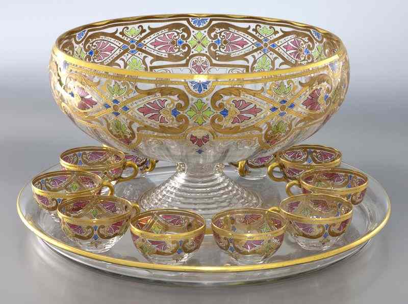 Appraisal: Pc Fritz Heckert gilt enameled punch bowl setComprising cups large