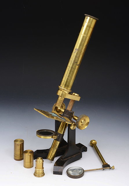 Appraisal: A TH CENTURY LACQUERED BRASS MONOCULAR MICROSCOPE by Newton Co