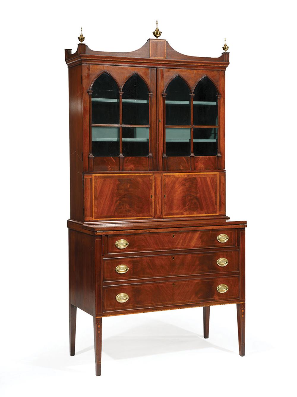 Appraisal: Antique American Federal-Style Inlaid Mahogany Secretary Bookcase upper case with