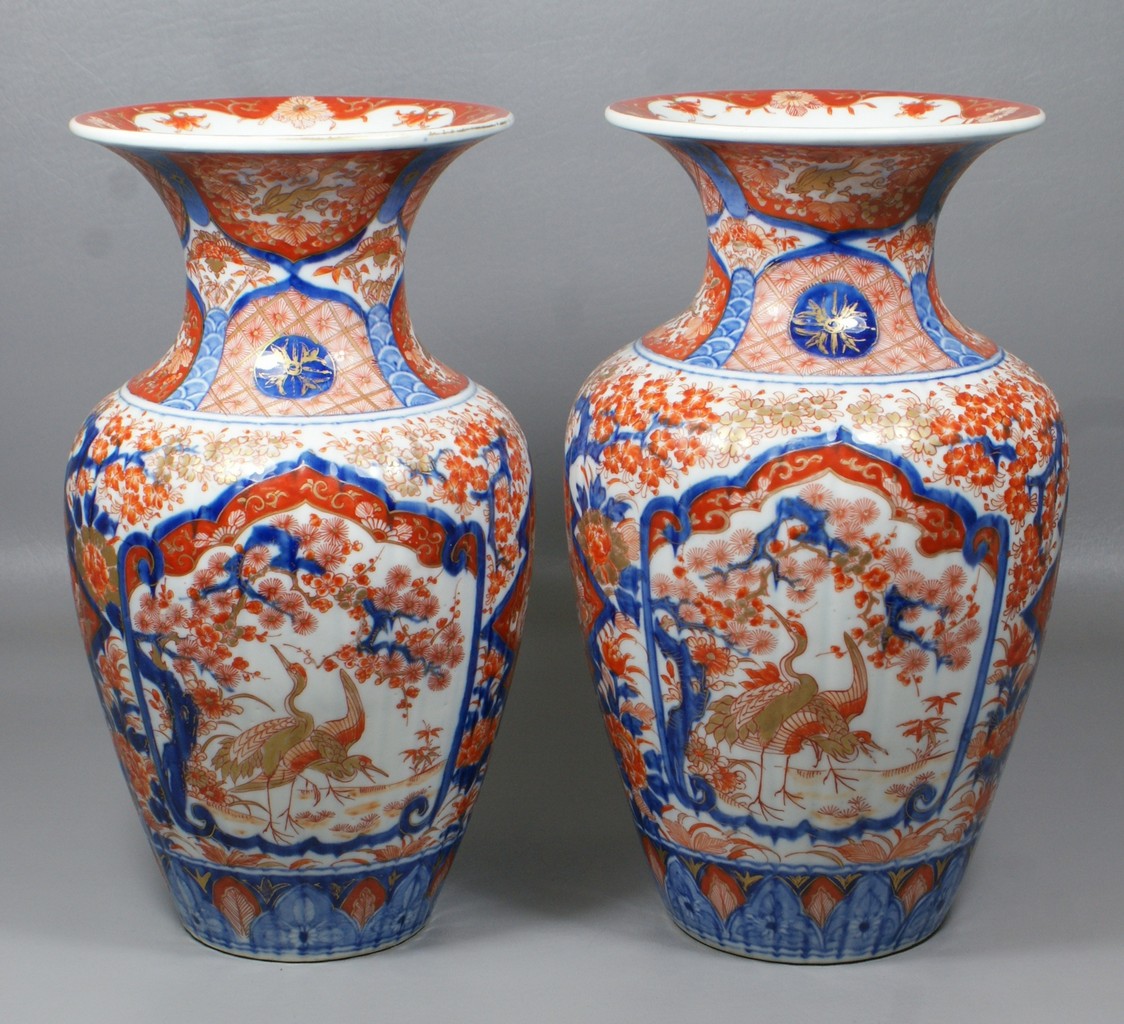 Appraisal: Pr Japanese Imari vases birds and dragons in landscape on