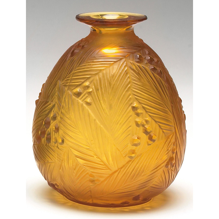 Appraisal: Sabino vase ovoid form in amber glass with molded leaves