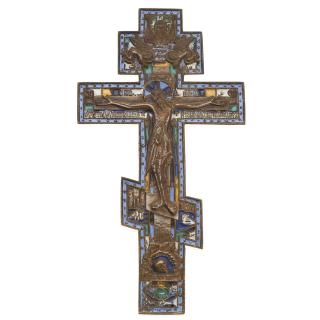 Appraisal: Russian Orthodox bronze champleve enamel cross Russian Orthodox bronze champleve