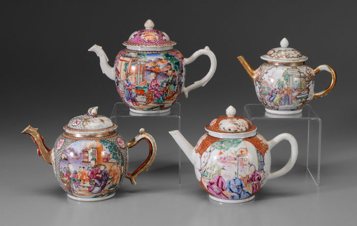 Appraisal: Four Export Porcelain Teapots Chinese th century mandarin palette -