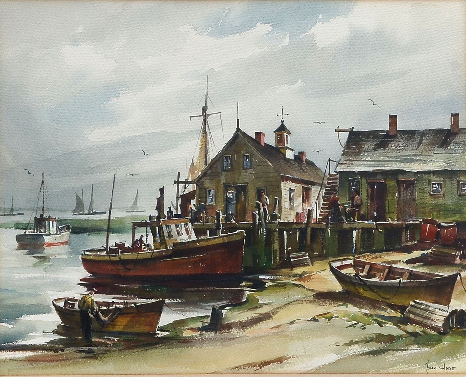 Appraisal: HARE John American - Dockside Scene at Low Tide Watercolor