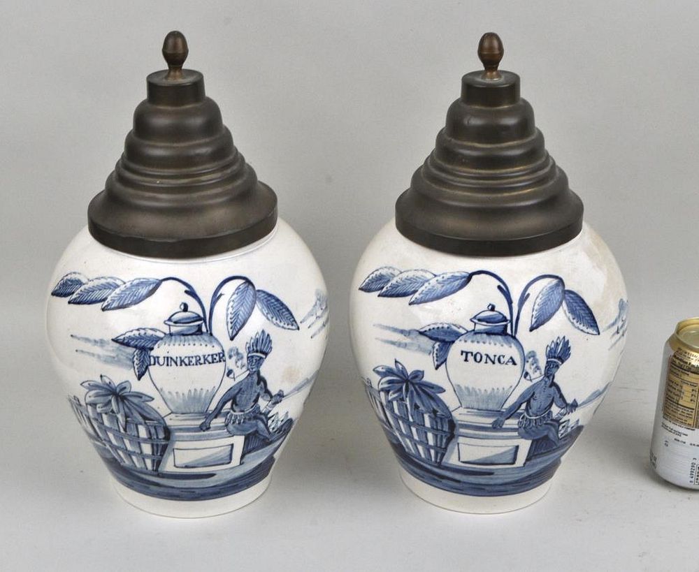 Appraisal: Pair Dutch Delftware Blue White Tobacco Jars of ovoid form