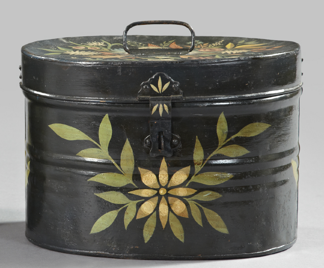 Appraisal: American Black-Ground Polychromed Tole Hat Box second quarter th century