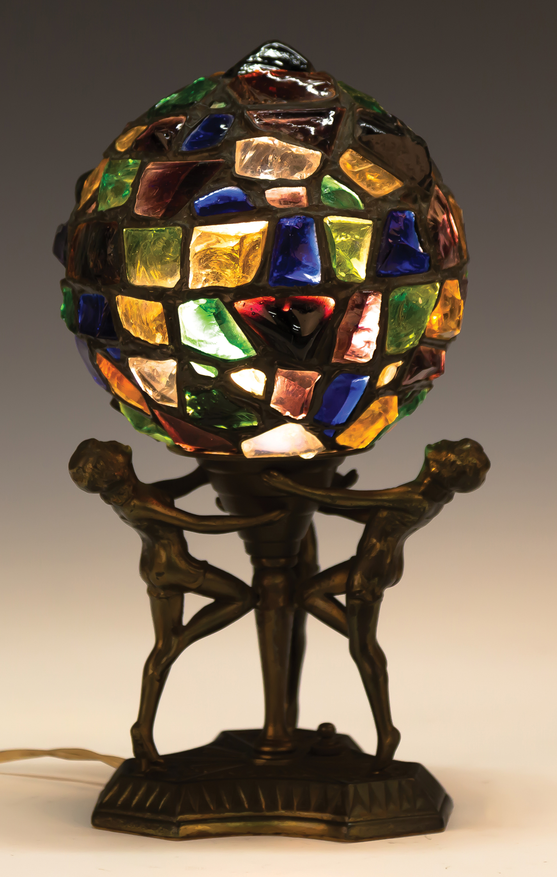 Appraisal: Art Deco Leaded Chunk Glass Lamp with Women Early th