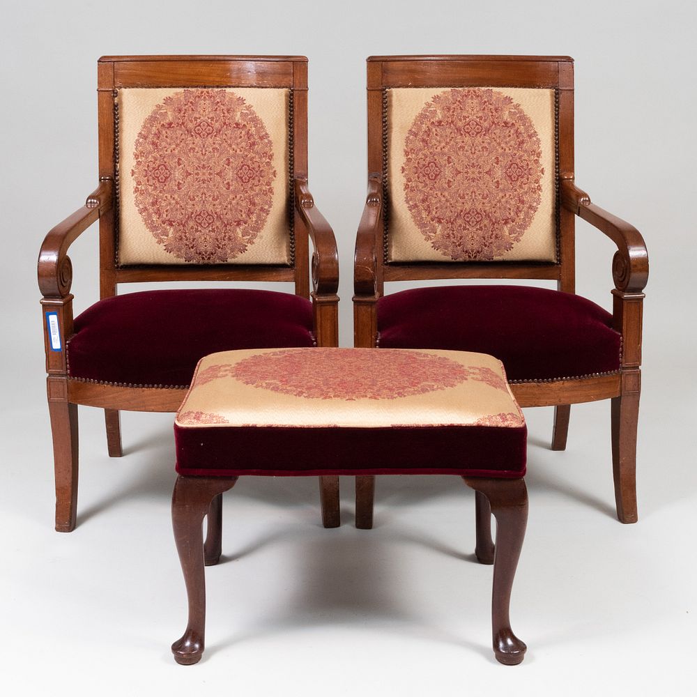 Appraisal: Pair of Neoclassical Style Armchairs and Similarly Upholstered Footstool The