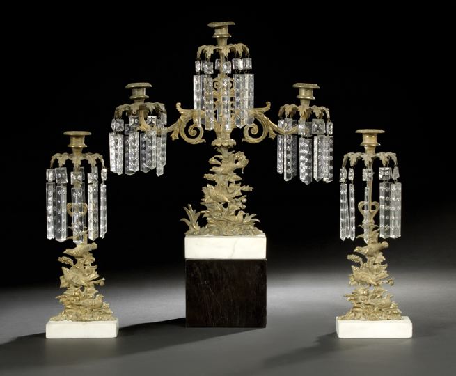 Appraisal: American Three-Piece Gilt-Lacquered Brass Marble and Cut Glass Girandole Set