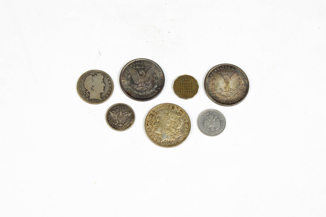 Appraisal: THREE MORGAN SILVER DOLLARS AND TWO MERCURY HEAD QUARTER HALF