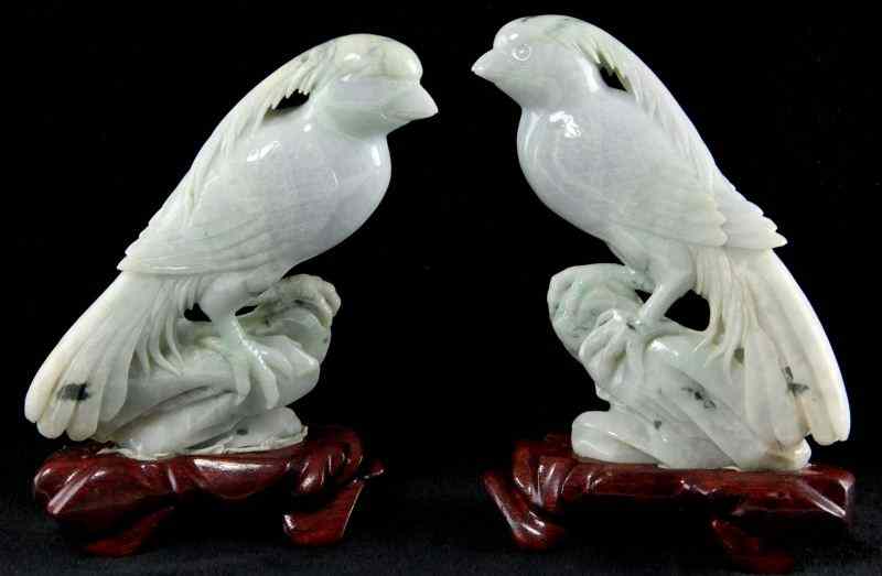 Appraisal: Pair of Asian Hardstone Phoenix Birdseach hand-carved from a pale