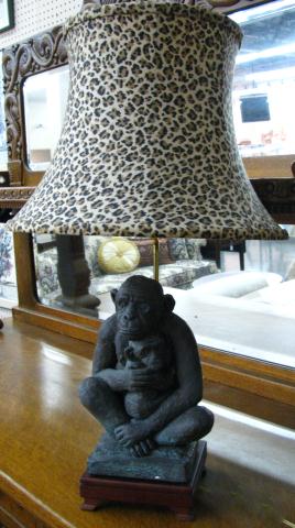 Appraisal: Monkey Motif Table Lamp with Leopard Shade depicting a mother