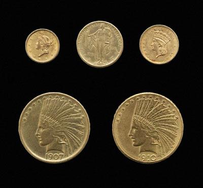 Appraisal: Five U S gold coins type AU- or better type