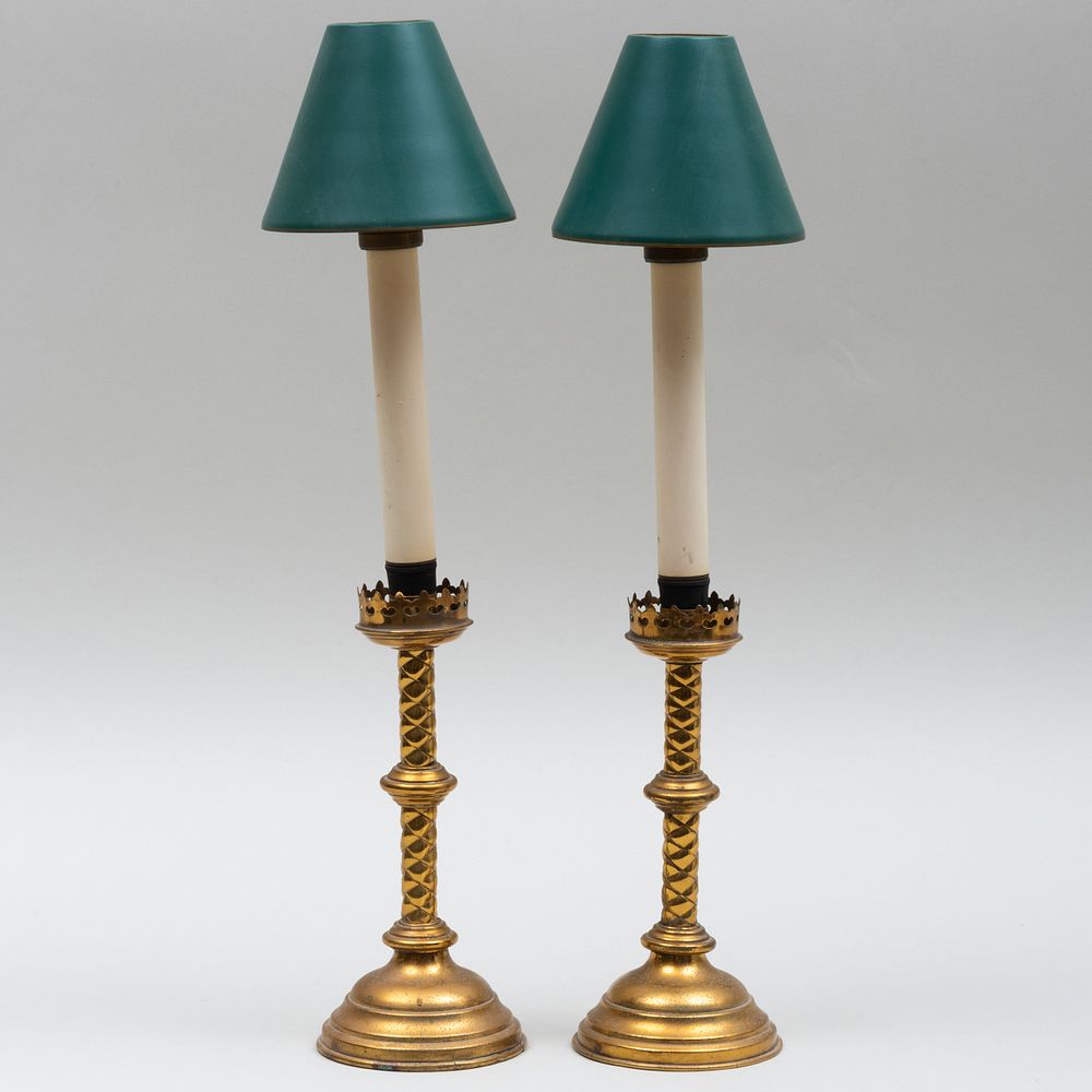 Appraisal: Pair of Gothic Brass Candlesticks with T le Shades x