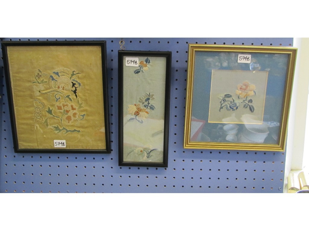 Appraisal: Three framed Chinese silk embroideries one in forbidden stitch