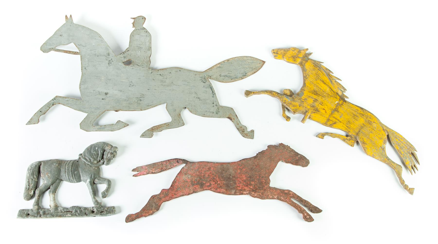 Appraisal: FOUR HORSE WEATHERVANES American th century Flat cast and cutouts