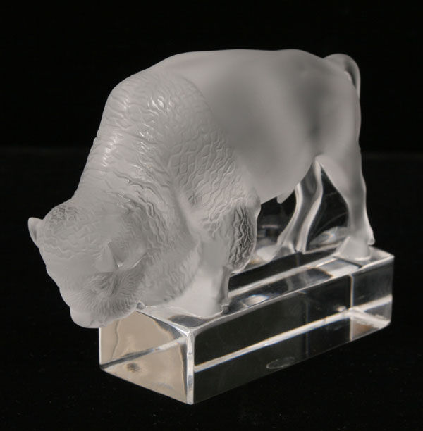 Appraisal: Lalique frosted art glass bison on clear base Signed Lalique