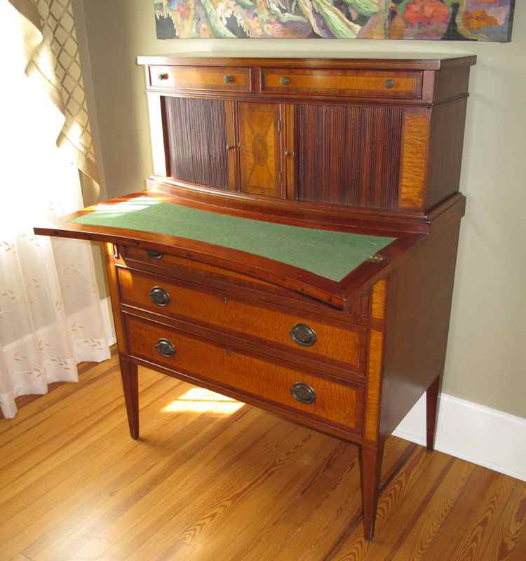 Appraisal: TH CENTURY SWELL FRONT TAMBOUR DOOR SECRETARY Mahogany with birds