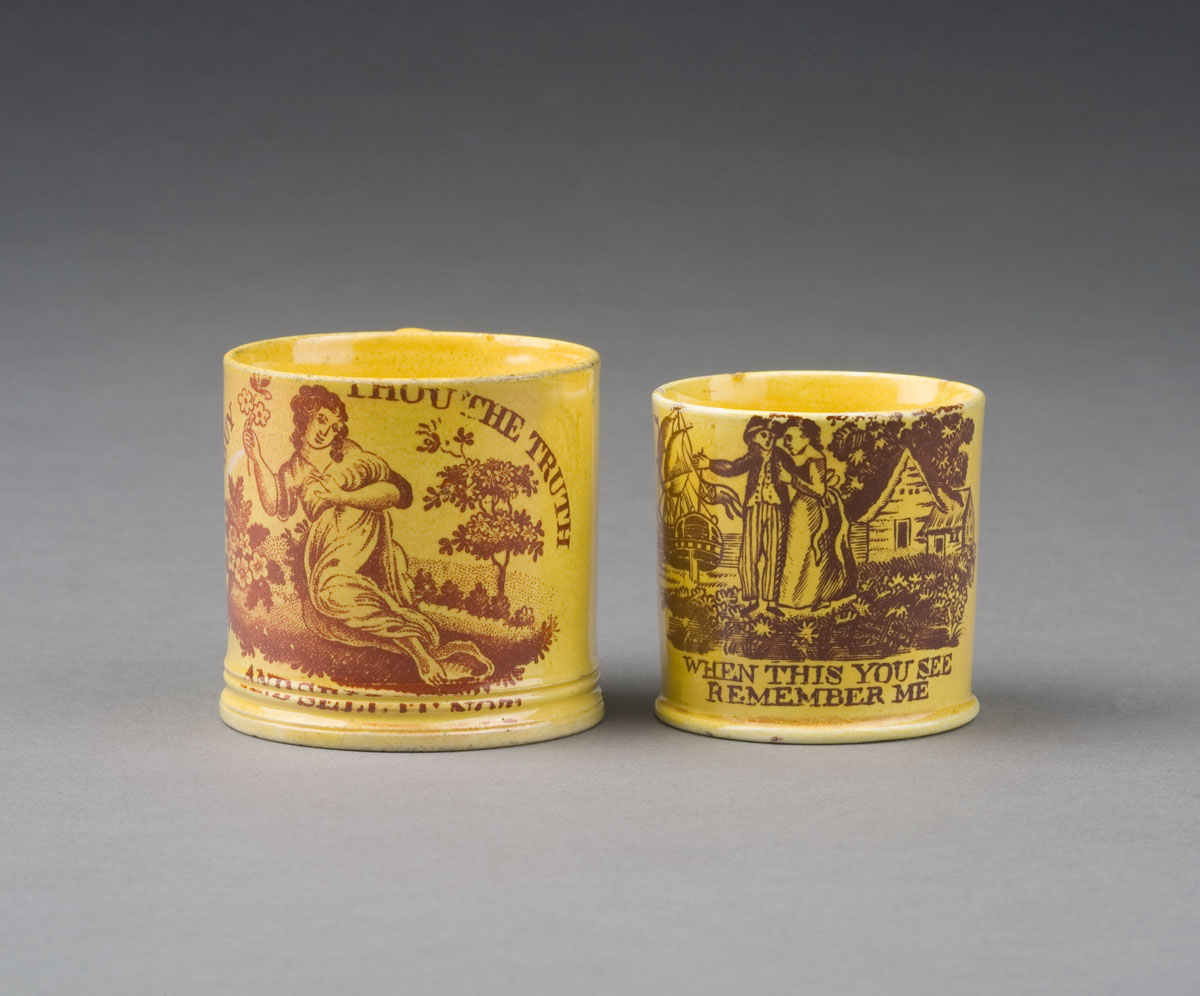 Appraisal: TWO ENGLISH YELLOW-GLAZED RED TRANSFER-PRINTED CHILDREN'S MUGS CIRCA - The