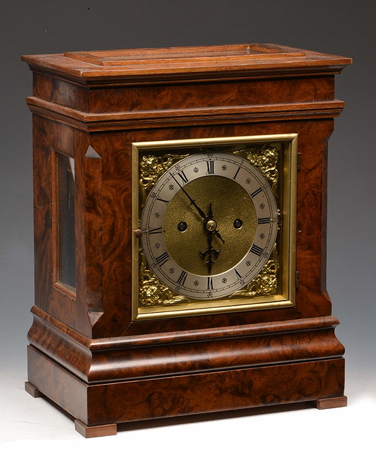 Appraisal: A BURR WALNUT FIVE GLASS MANTEL CLOCK the square brass