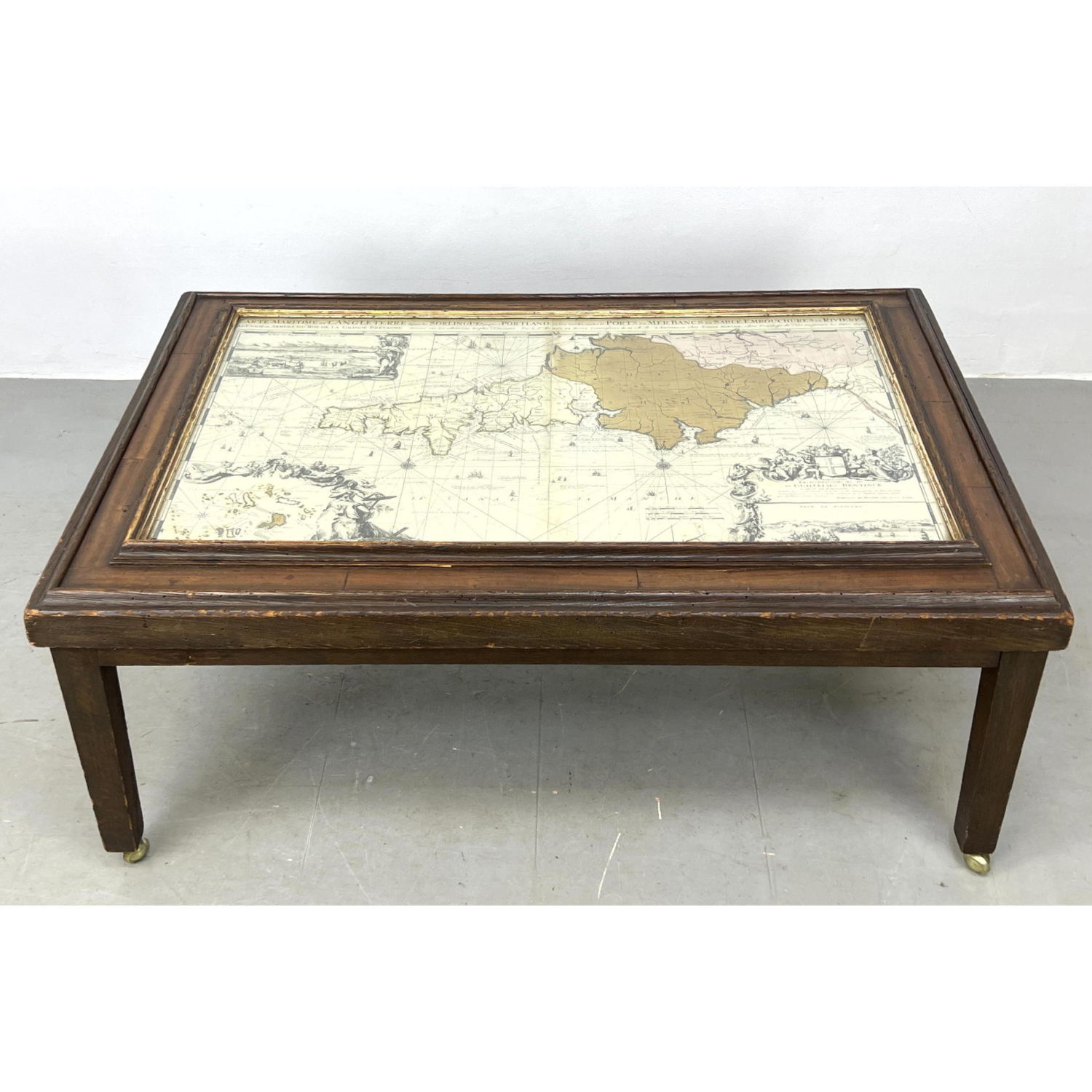 Appraisal: Framed Vintage Map Coffee Table Carte Maritime de L'Angleterre Rustic