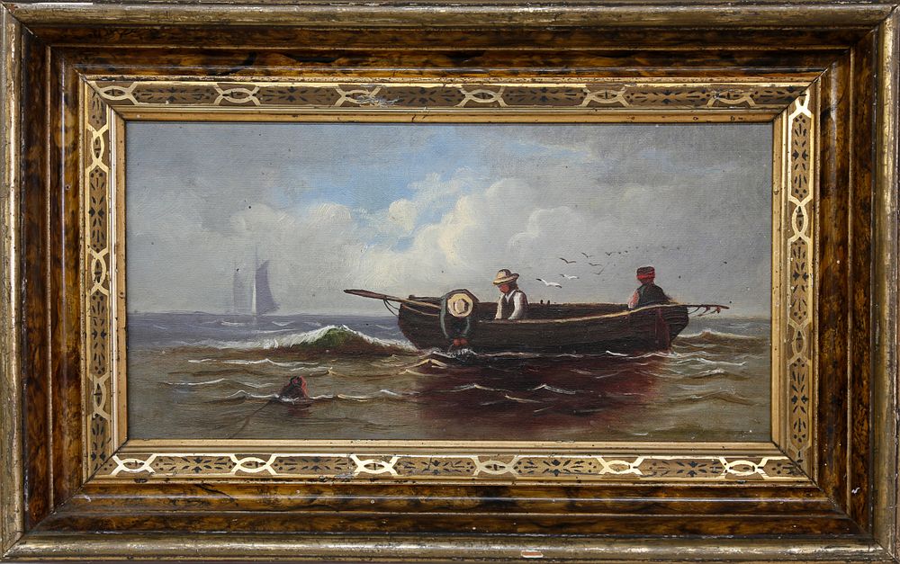 Appraisal: American Oil on Wood Panel A Dory with Three Fishermen