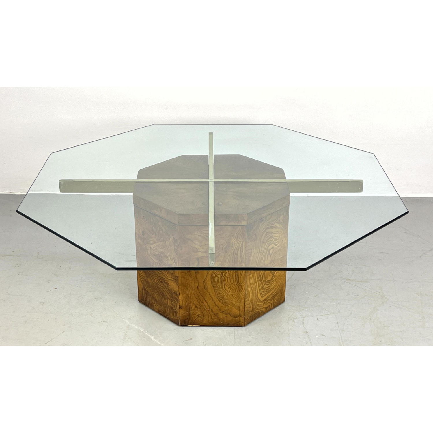 Appraisal: LANE Octagonal Base Burl Wood Glass Coffee Table Brass X