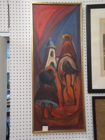 Appraisal: Vejarano Oil Horse Riderwith woman beside going toward a church