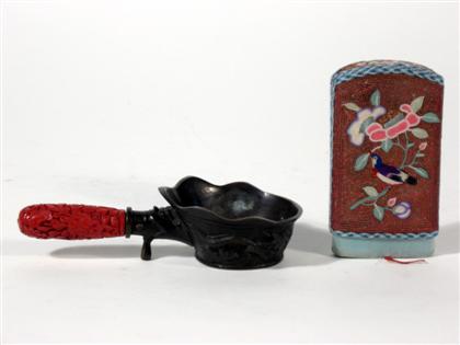 Appraisal: Chinese tobacco pouch and carved cinnabar lacquer and bronze potqing