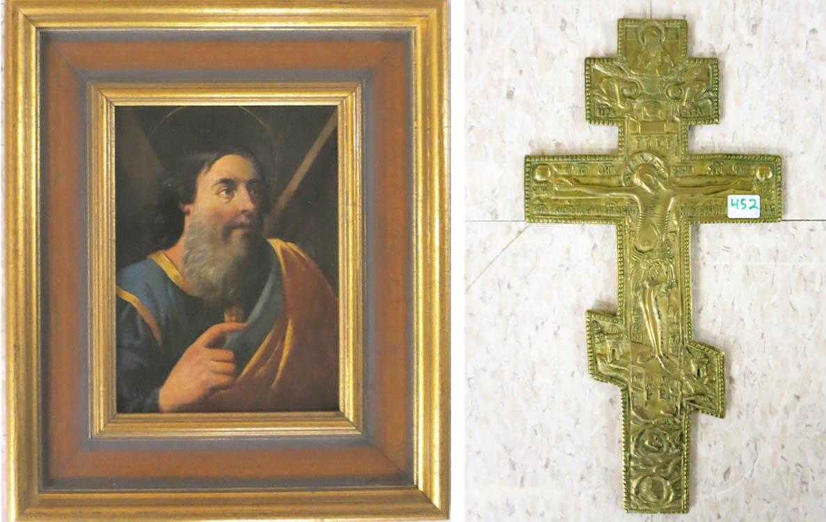 Appraisal: PORTRAIT OF A SAINT AND RUSSIAN BRASS CRUCIFIX oil on