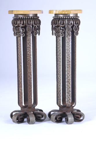 Appraisal: PAUL KISS Pair of wrought-iron pedestals with gold marble tops