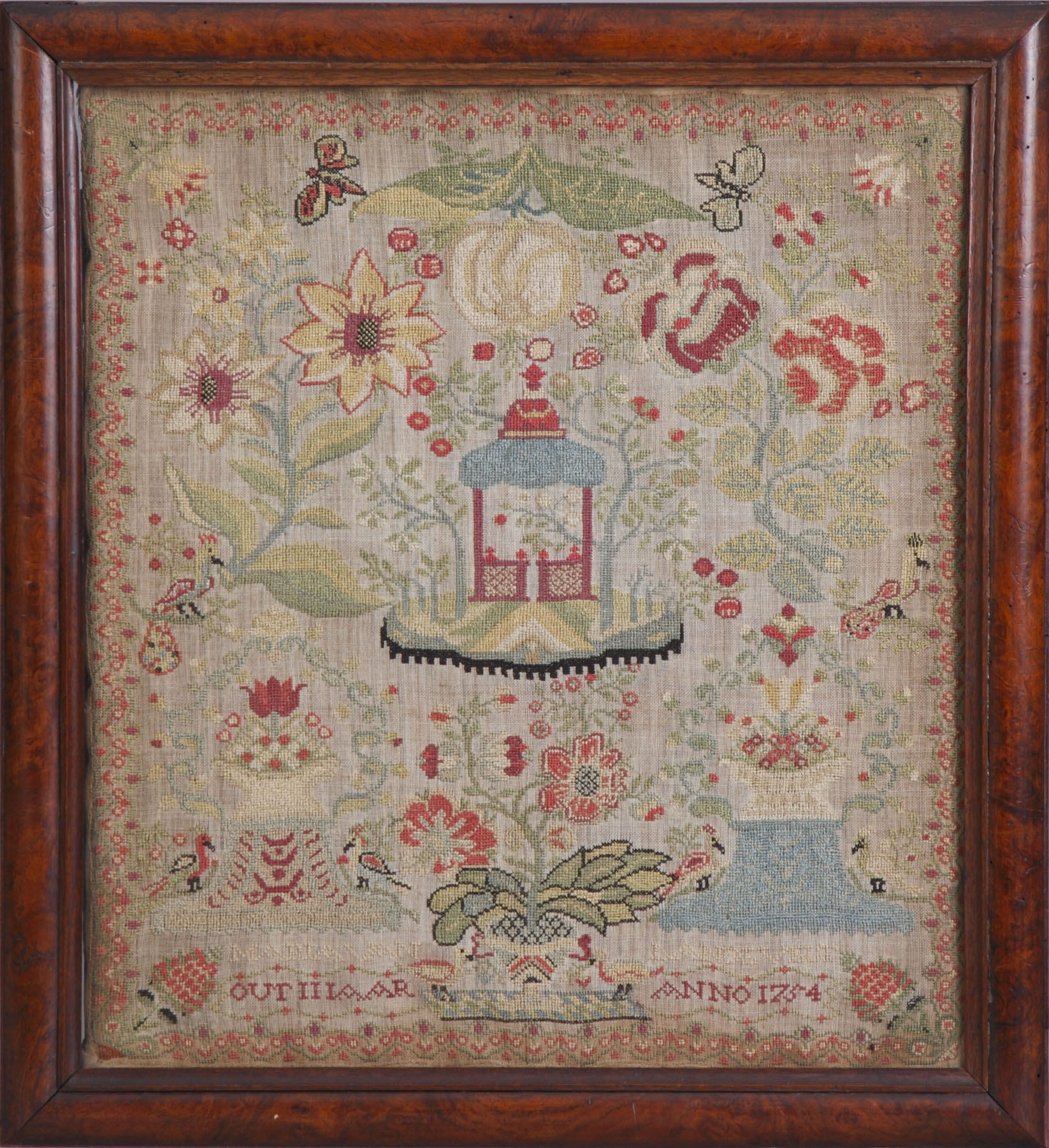 Appraisal: th Cent Sampler Depicting gazebo flowers birds butterflies etc Maria