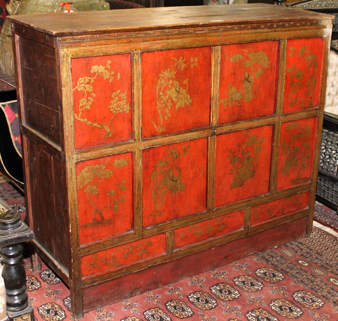 Appraisal: A th century red lacquer softwood side cabinet with pair