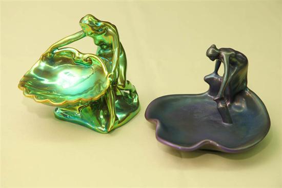 Appraisal: TWO ZSOLNAY FIGURES A green iridescent nude holding a shell