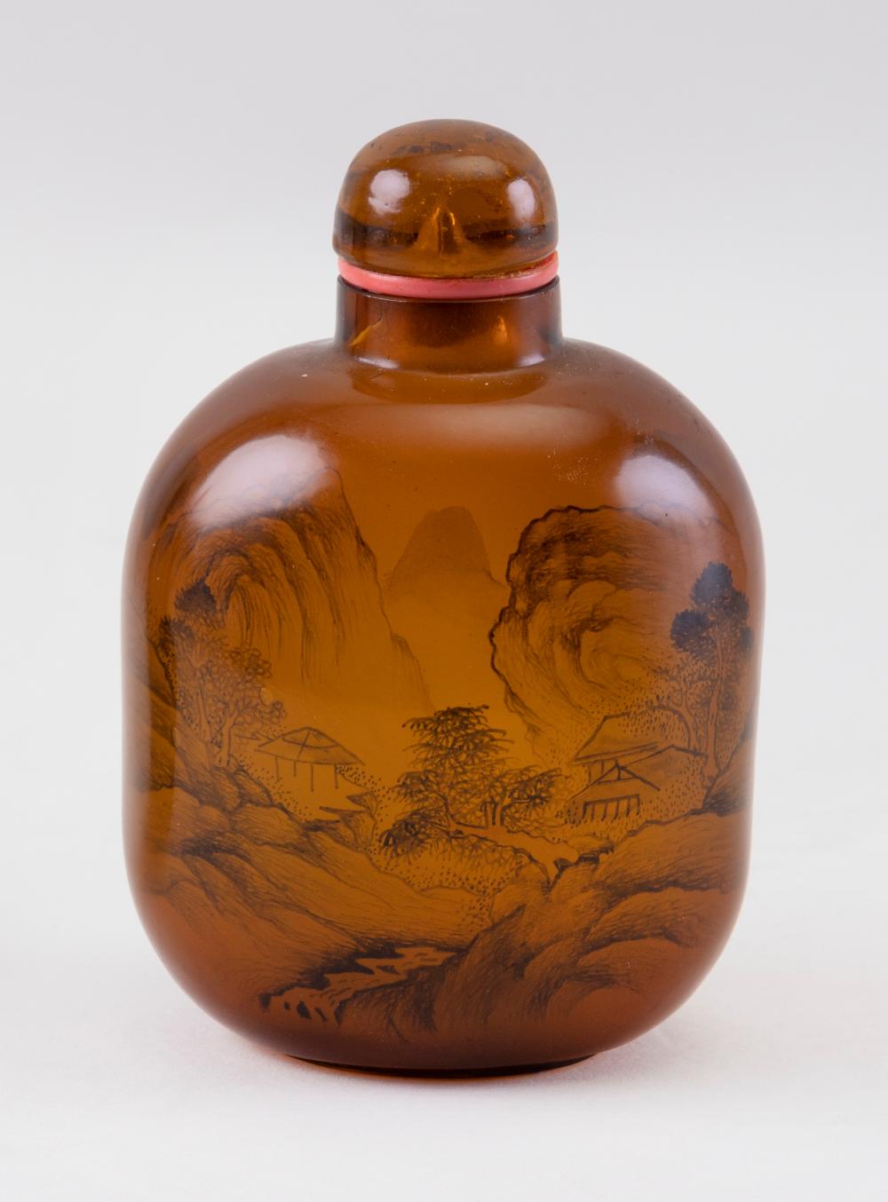 Appraisal: CHINESE OVERSIZED INTERIOR-PAINTED GLASS SNUFF BOTTLE TH CENTURY HEIGHT AMBER