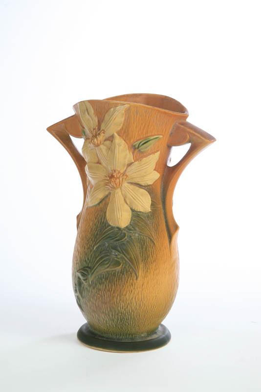 Appraisal: ROSEVILLE VASE Double handled on an orange ground in the