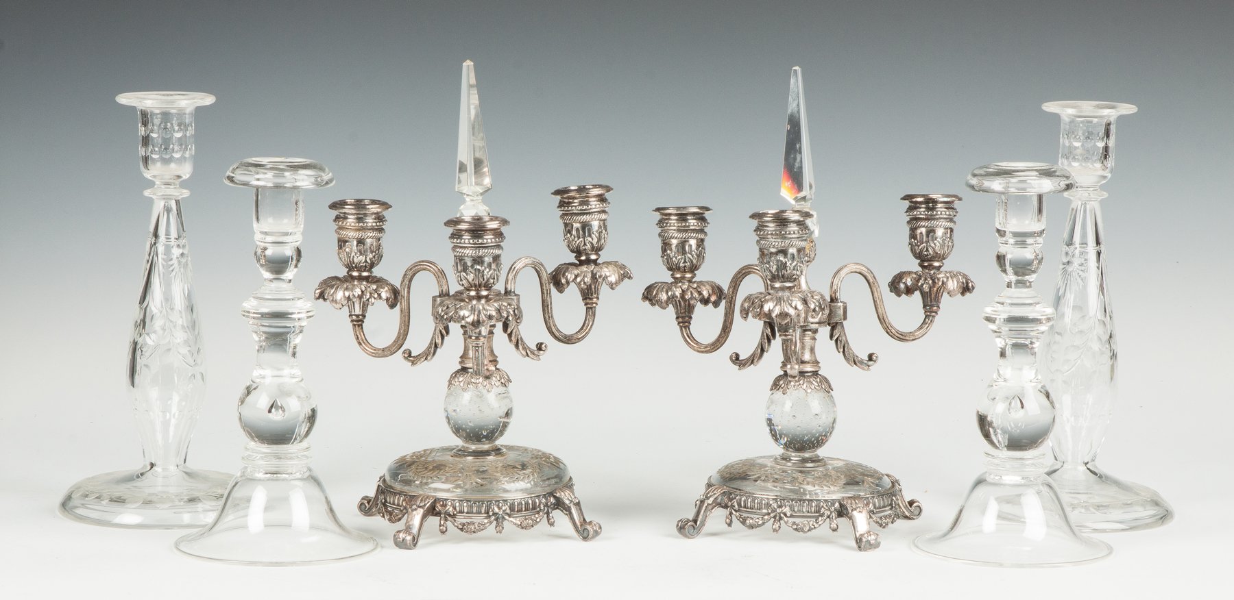 Appraisal: Three Pairs of Glass Candlesticks Pairpoint silver plate glass -arm