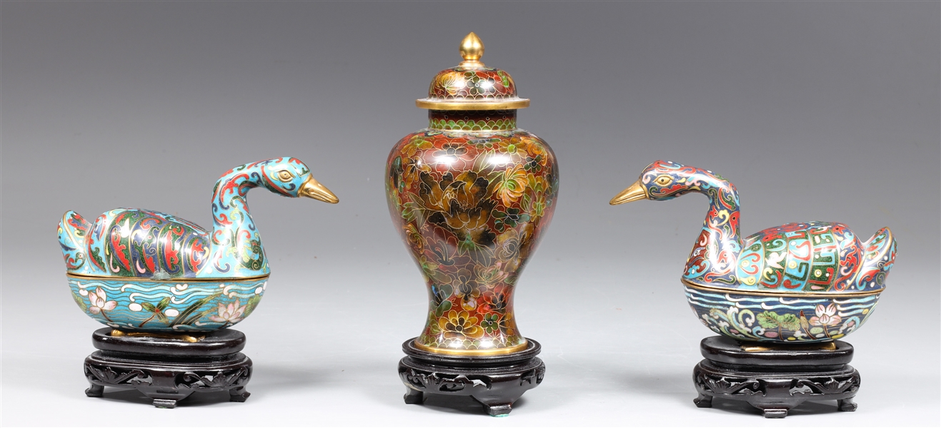 Appraisal: Group of three Chinese cloisonne including pair of duck form