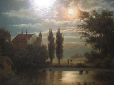 Appraisal: CONTINENTAL SCHOOL Moonlit Lake with Figures in the Distance signed