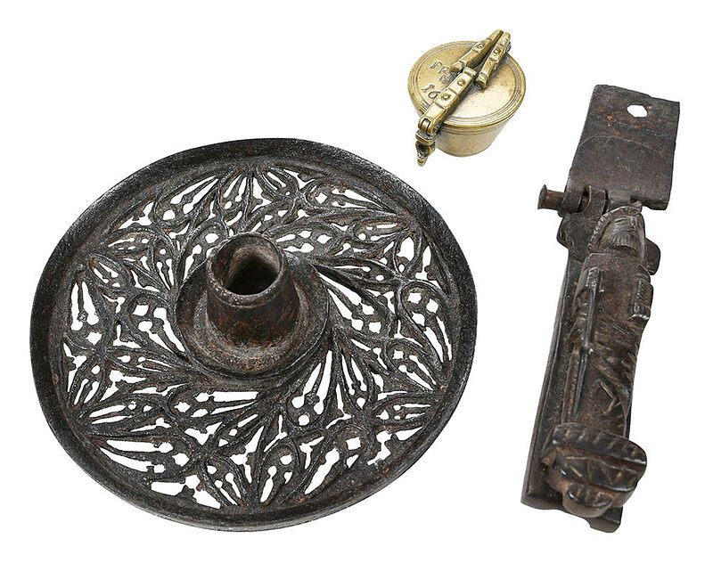 Appraisal: Three Early Iron and Brass Items Continental Gothic or Gothic