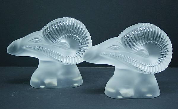 Appraisal: Two Lalique frosted and clear glass ram's heads Belier No