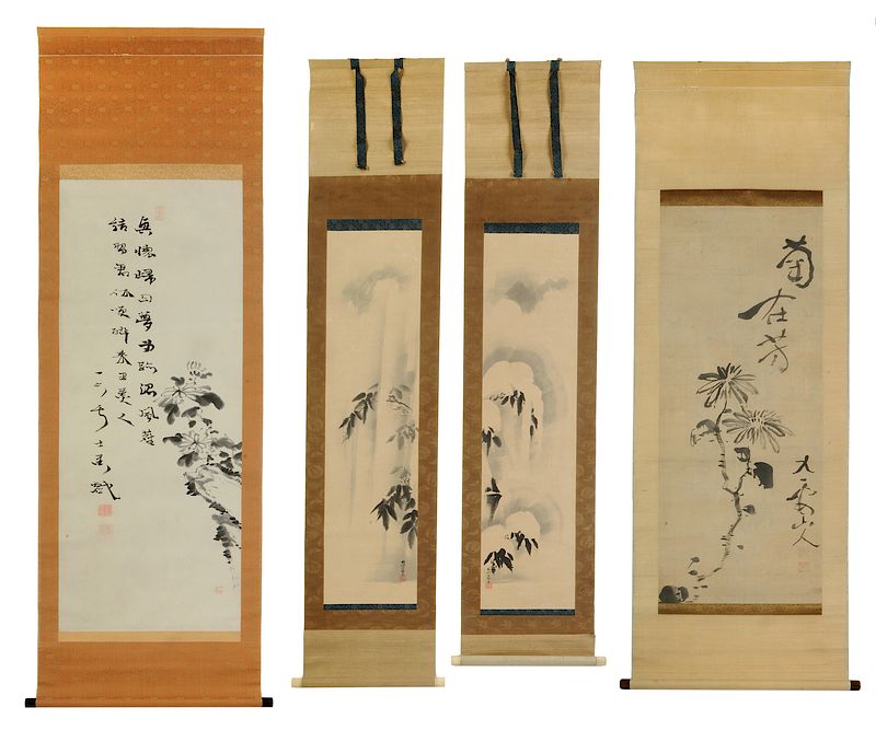 Appraisal: Four Japanese Scrolls Chrysanthemum Bamboo Iwaya Ichiro - Chrysanthemums sumi