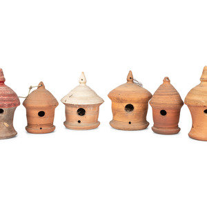 Appraisal: Six Redware Birdhouses each having heavy combed incising to roof