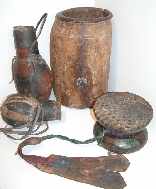 Appraisal: Tribal Objects Drum Water Jugs wooden vessel Artist Tribal School