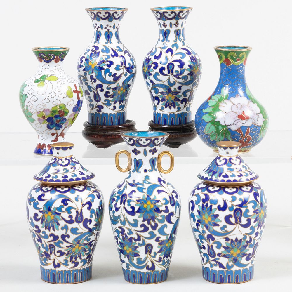 Appraisal: Chinese Cloisonne Miniature Five Piece Garniture and Two Miniature Vases