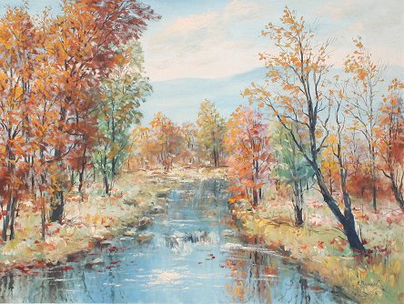 Appraisal: RICCIARDI Caesare American - Autumnal River Landscape Oil Canvas ''