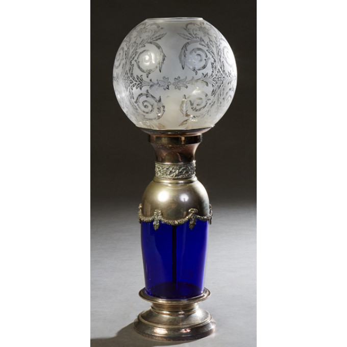 Appraisal: French Silverplate and Cobalt Glass Banquet Lamp early th c