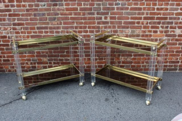 Appraisal: Pair of Midcentury Brass and Lucite Tea Carts Mirrored trays