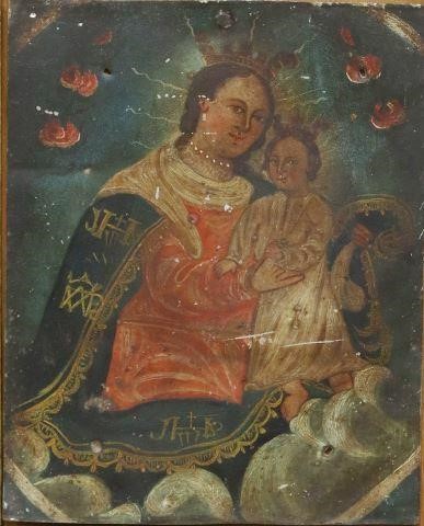 Appraisal: Framed oil on tin retablo Mexico Nuestra Senora del Refugio